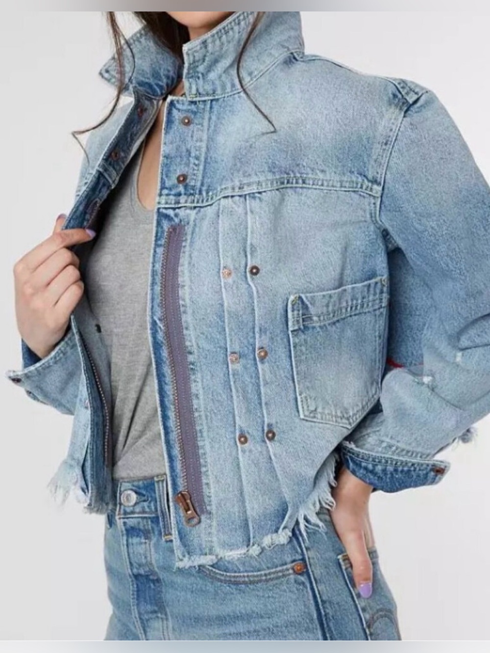Free People-Light Wash Distressed Denim Jacket - Chic Cropped Style - Picture 1 of 16